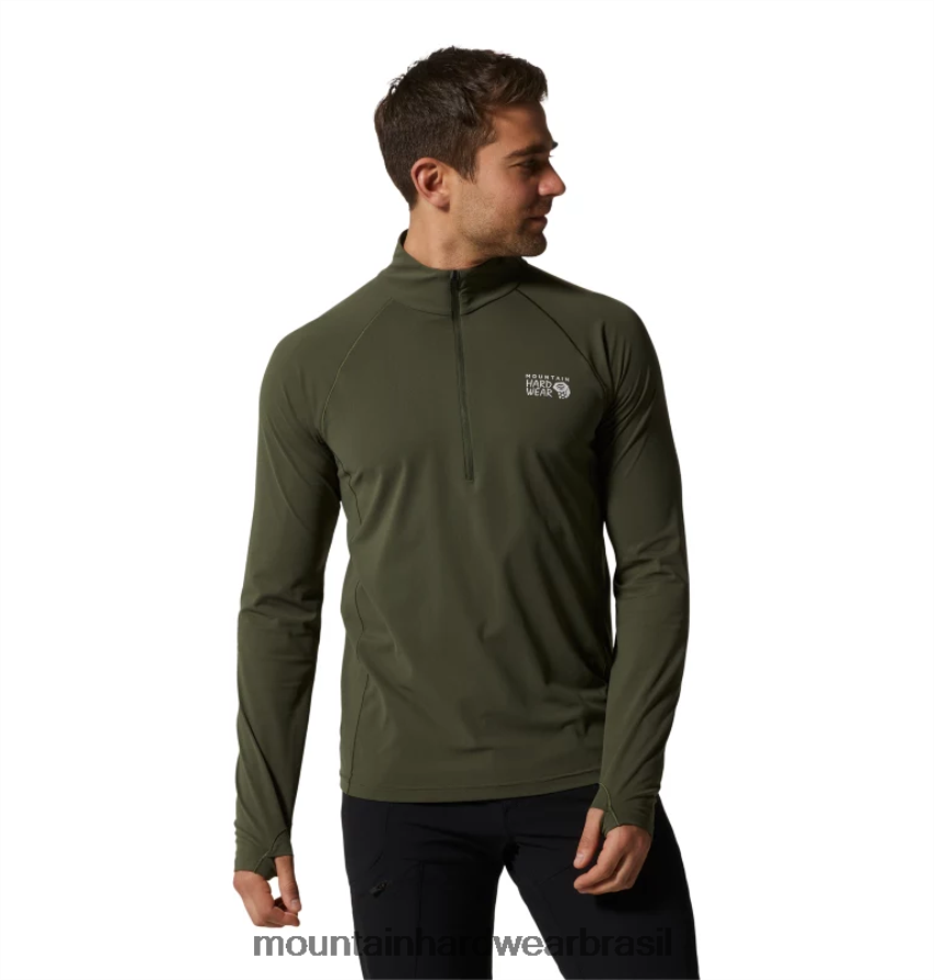 excedente verde homens Mountain Hardwear esticar 1/2 zíper topos AD28F6191 excedente verde homens Mountain Hardwear esticar 1/2 zíper topos AD28F6191